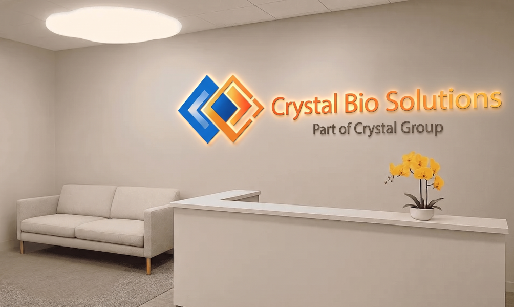Crystal Bio Solutions office reception area with company sign