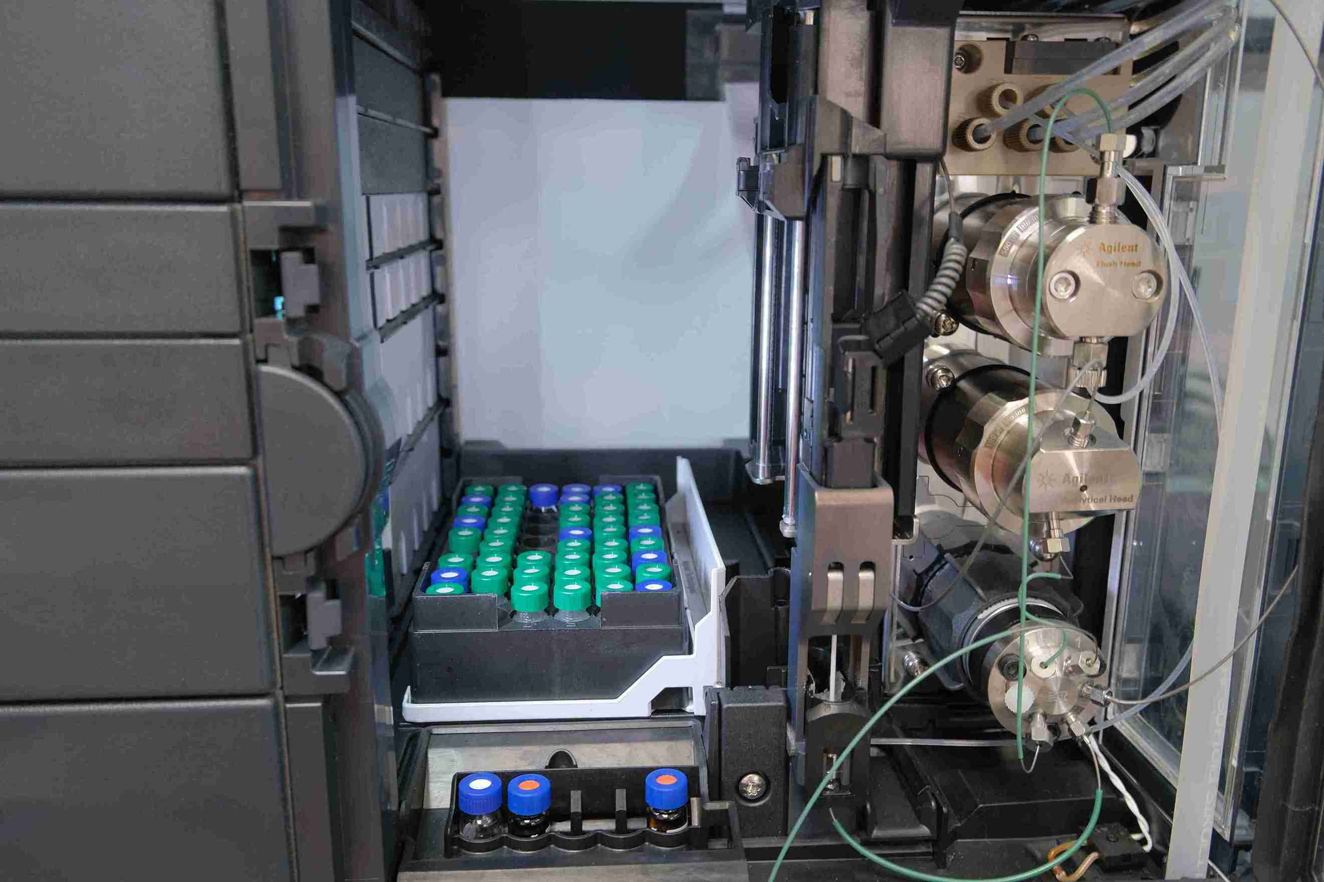 Analytical instrument and sample vials in a Crystal Bio Solutions laboratory