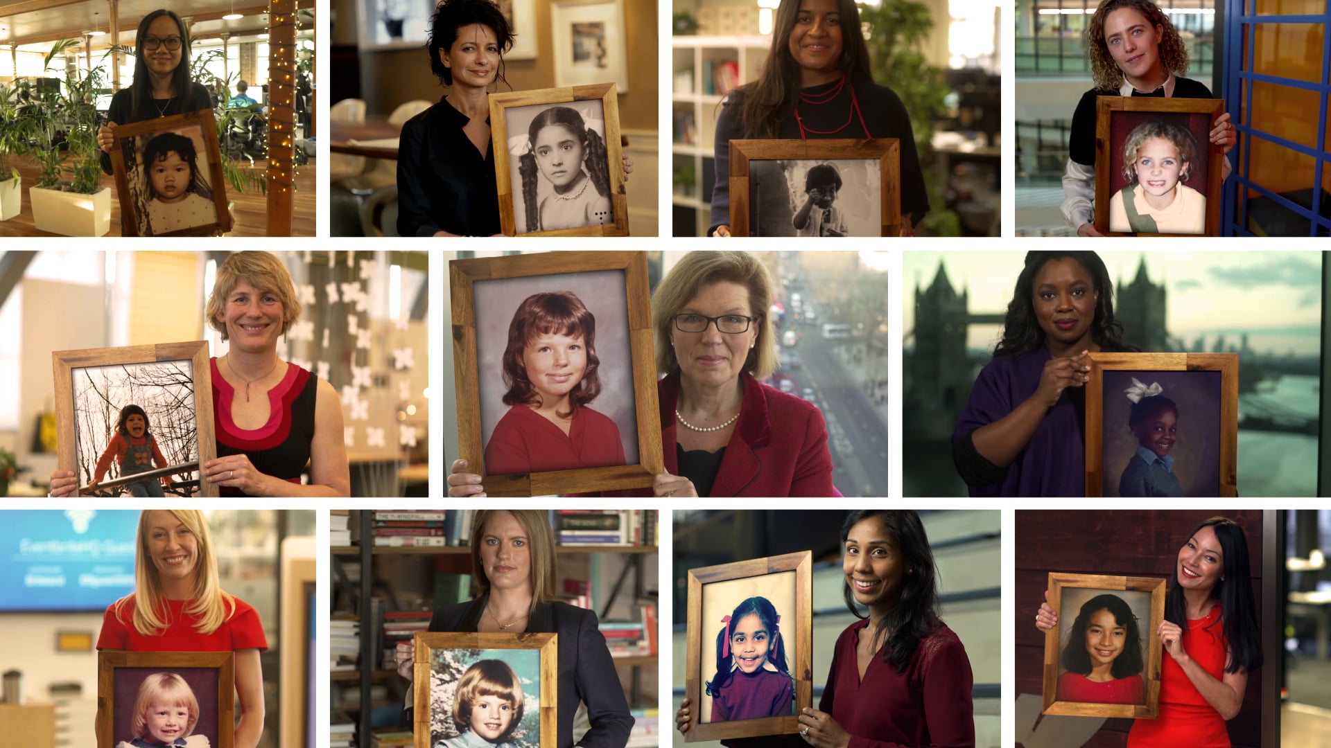 A montage of women technology leaders holding framed childhood photographs in the Behind Every Great City campaign film.