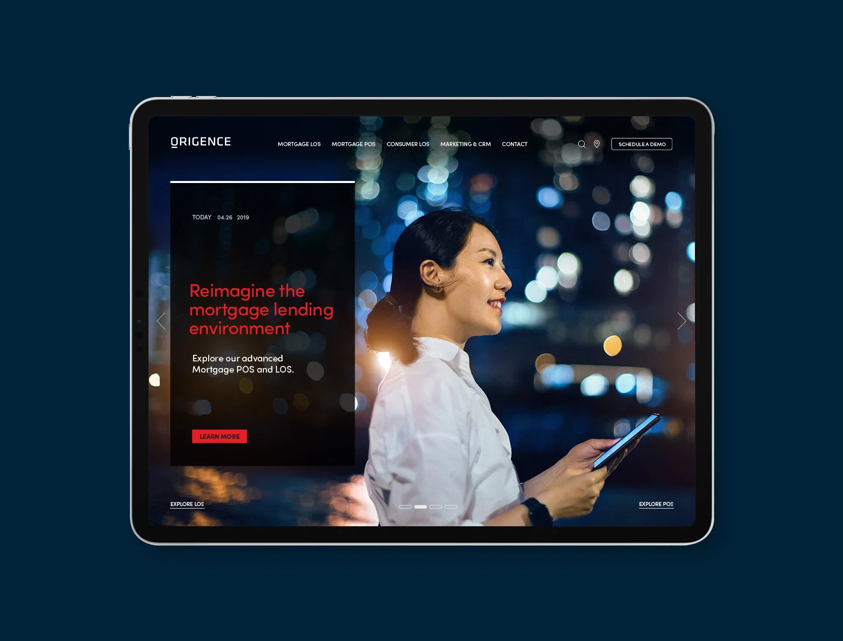 Archival Origence website design shown on a tablet, with mortgage lending navigation