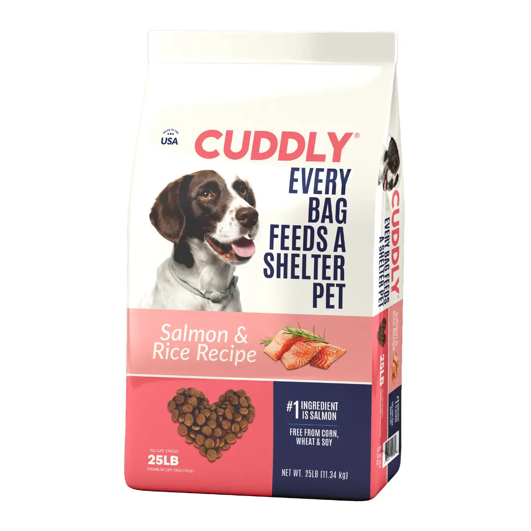 CUDDLY Salmon and Rice dog food bag with the slogan Every Bag Feeds a Shelter Pet