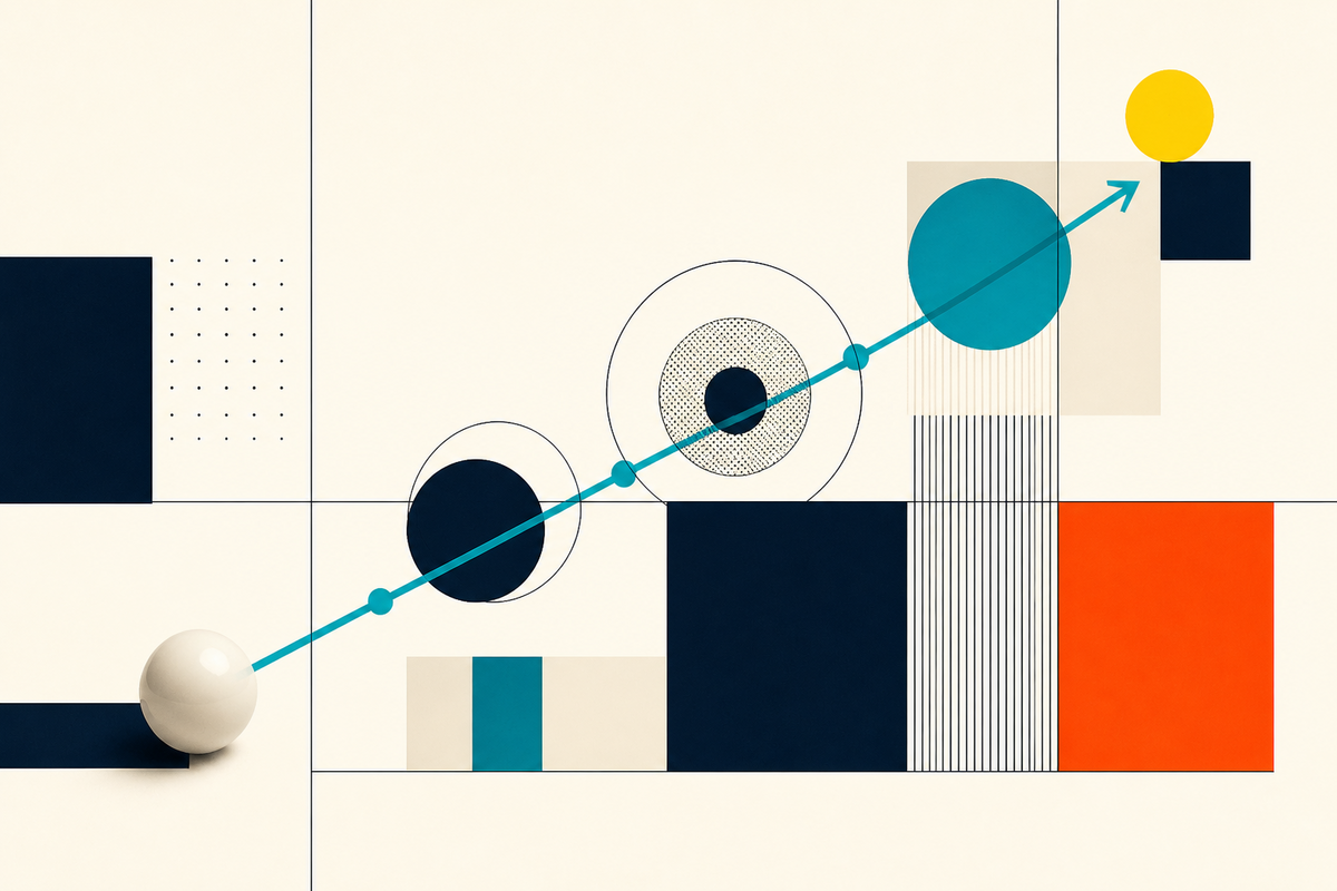 Abstract Swiss-style composition showing a white cue ball setting geometric forms in motion along a rising teal line