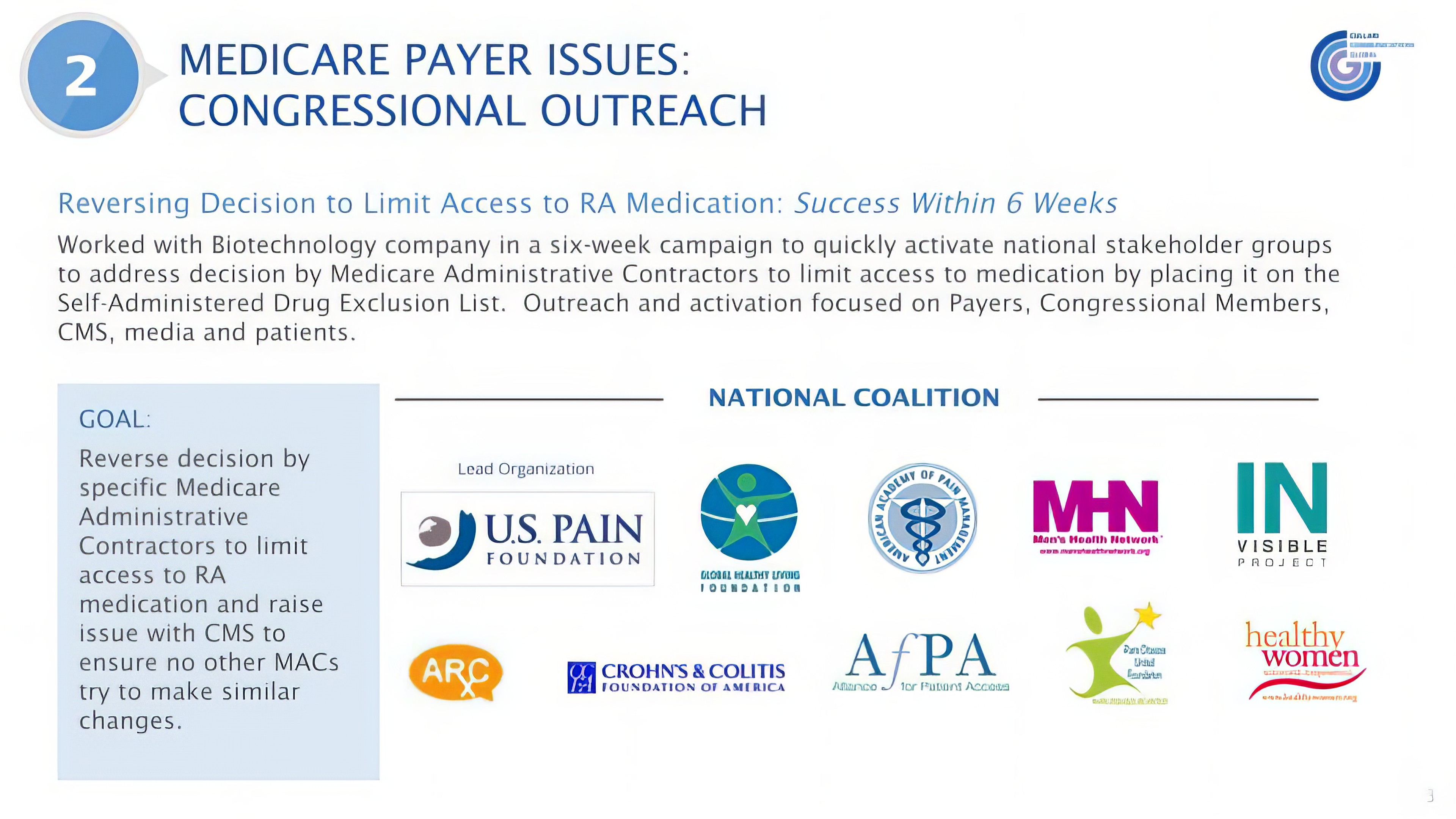 Cullari Communications Global campaign document mapping organizations in a Medicare payer outreach coalition