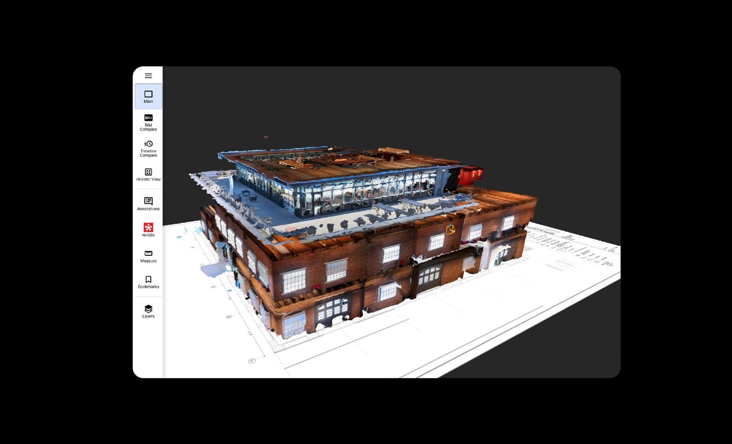 CupixWorks interface showing a reconstructed building above its floor plan
