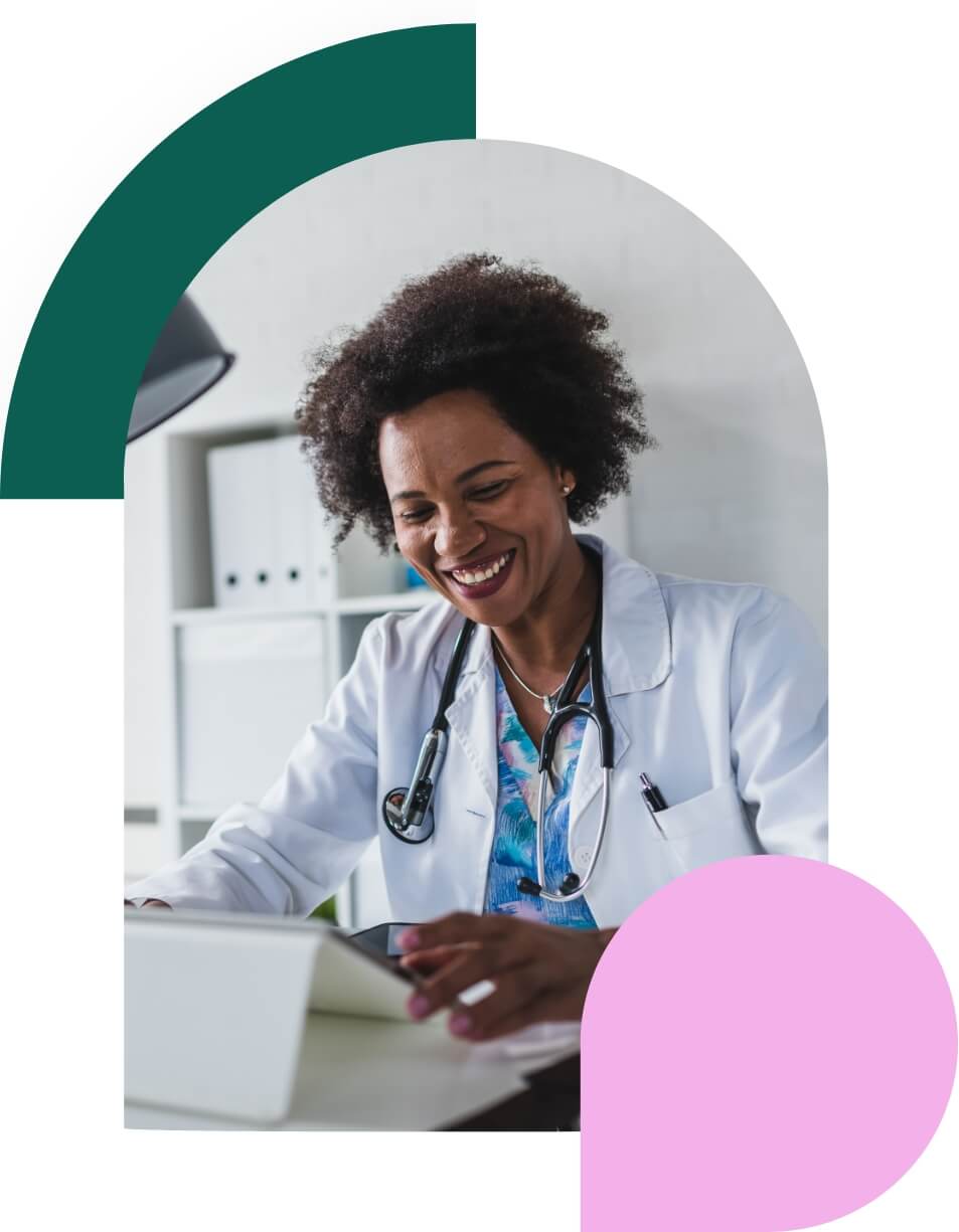 Doctor in a white coat looking at a tablet, used in Curai Health's organization-facing materials