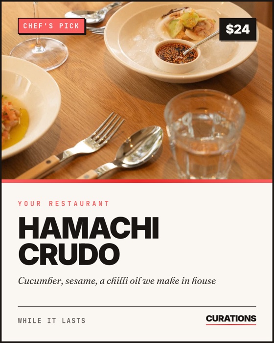 CURATIONS Social Studio sample: a hamachi crudo photograph with price and branded typography