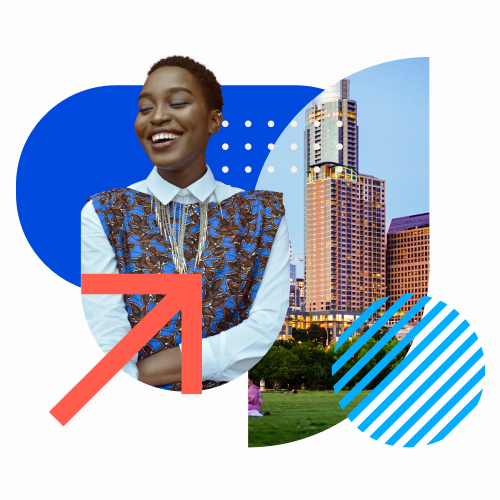 Curative brand image - a smiling member set against the Austin skyline with Curative's signature shapes