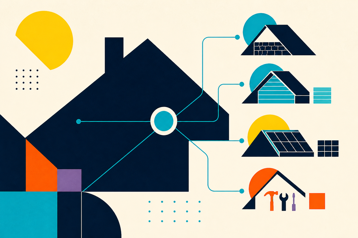 Abstract Swiss-style illustration of a central home-services platform connected to independent roofing, siding, solar and tool modules