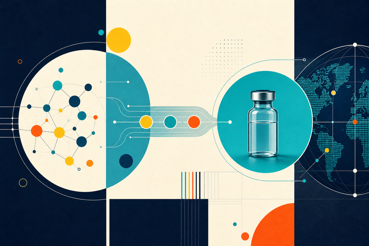 Abstract geometric illustration tracing a molecule through a production pathway into a sterile vial and global network
