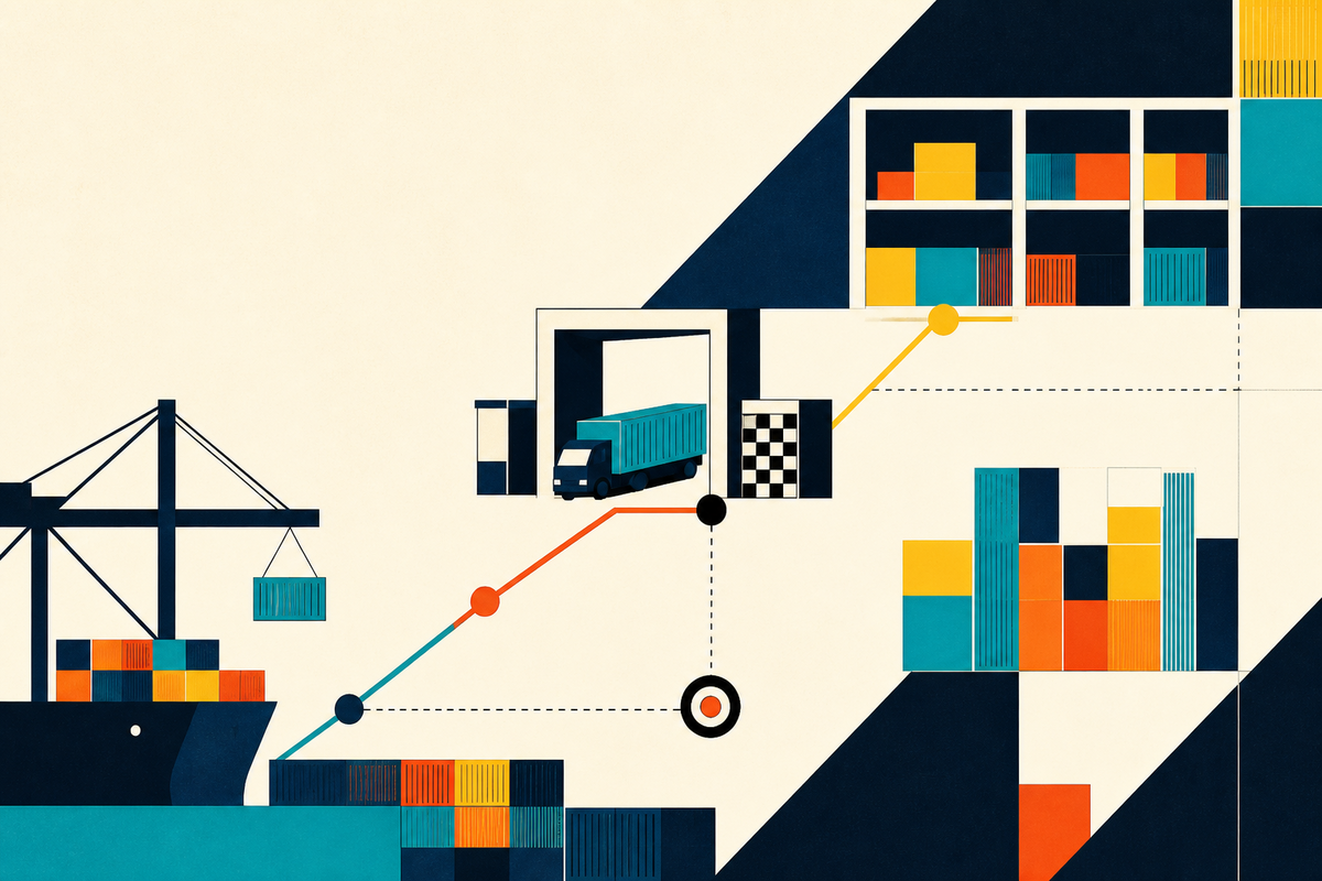 Abstract Swiss-style illustration of a port, customs checkpoint, truck routes and warehouse inventory