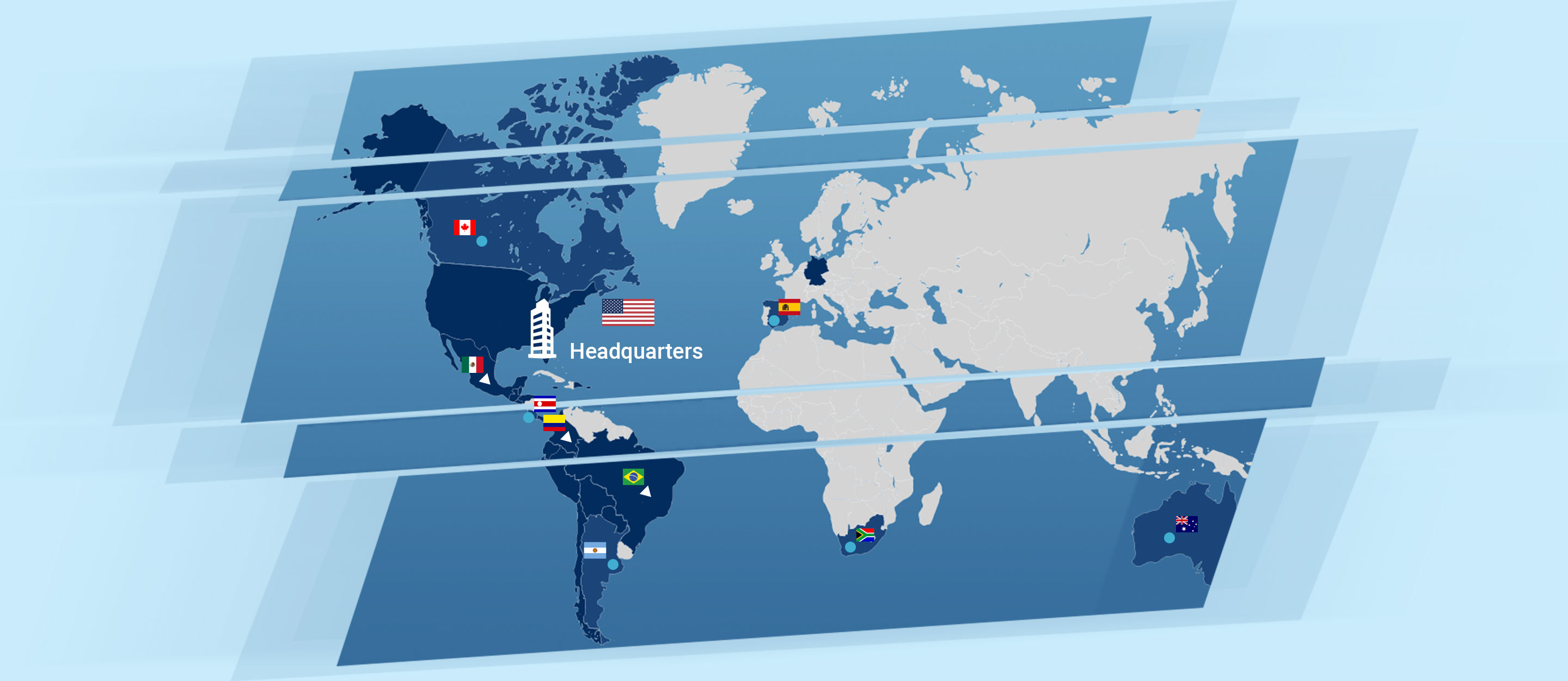Customer Intelligence’s illustrated world map, emphasizing the Americas and marking selected international locations.