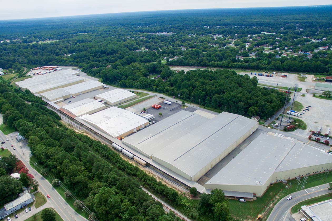 Aerial view of the Commonwealth industrial warehouse complex in Suffolk, Virginia