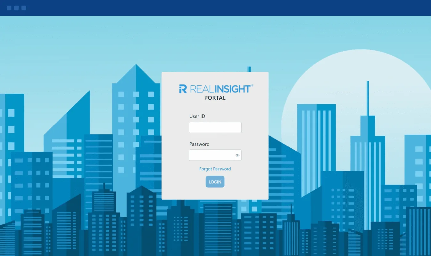 RealINSIGHT portal sign-in screen with illustrated blue city skyline
