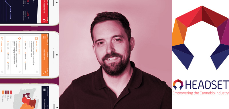 Cy Scott pictured with Headset product screens and the company mark