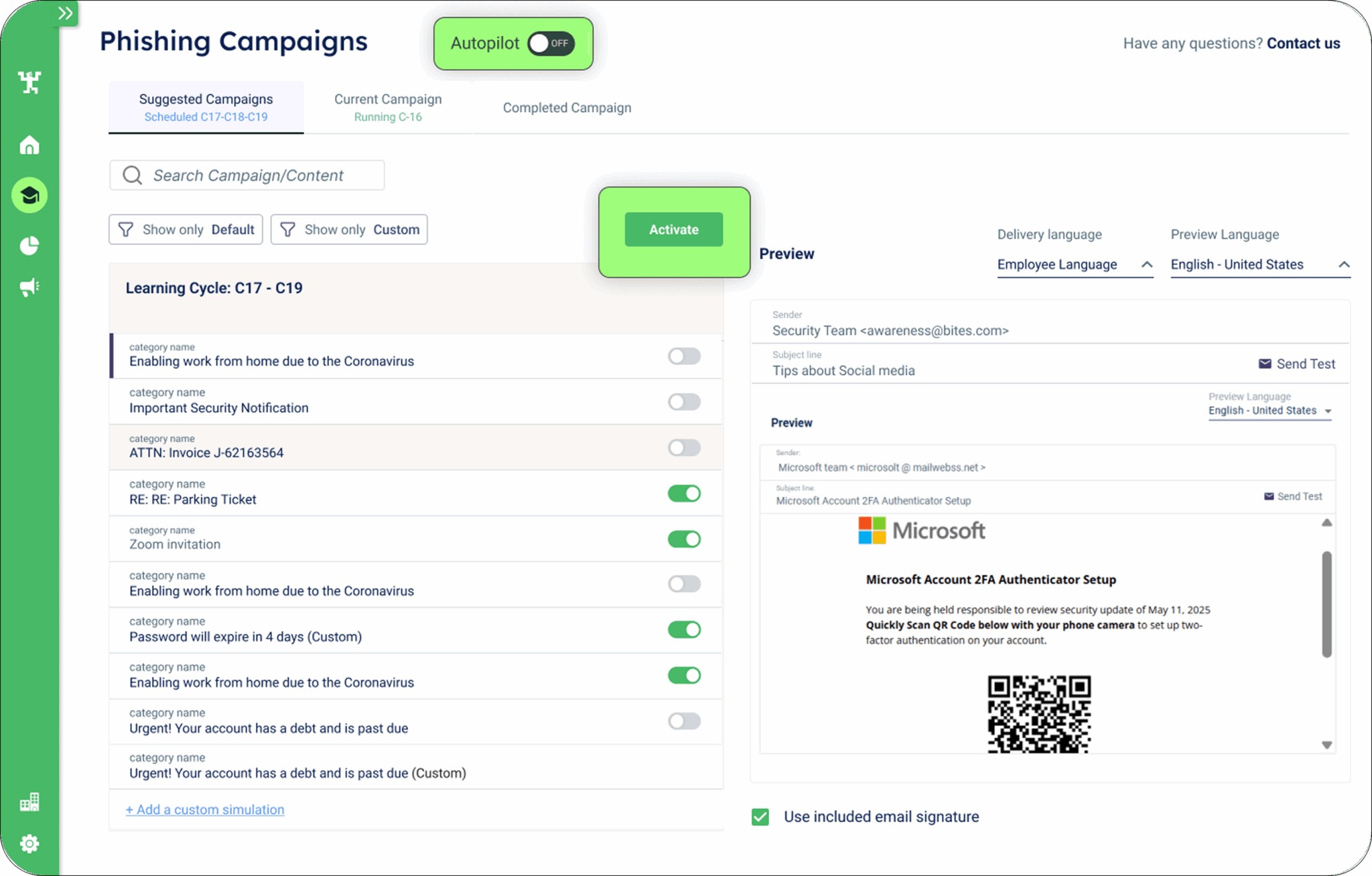 CybeReady phishing campaign screen with an autopilot toggle, suggested messages and a preview of a simulated email