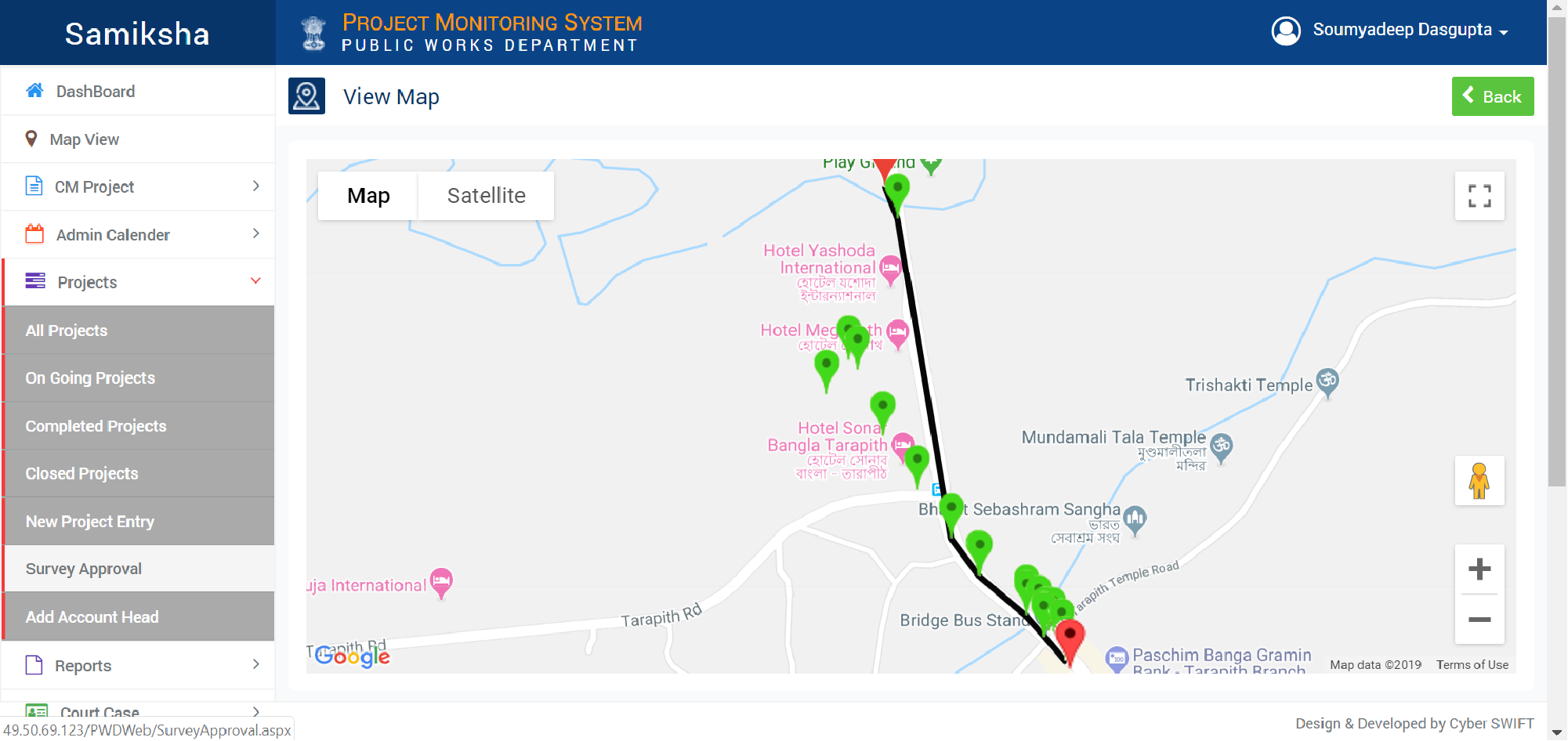 Published Samiksha road inspection map showing location markers along a road
