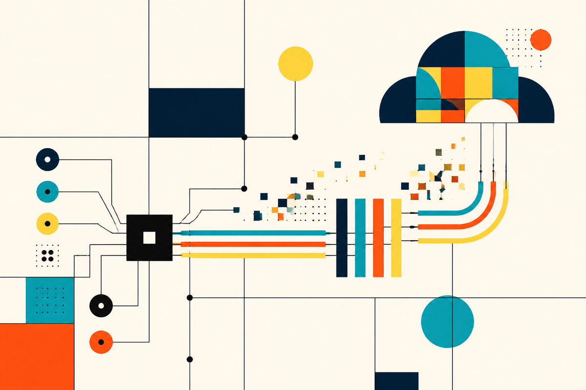 Abstract Swiss-style illustration showing edge devices feeding data pipelines into a geometric cloud