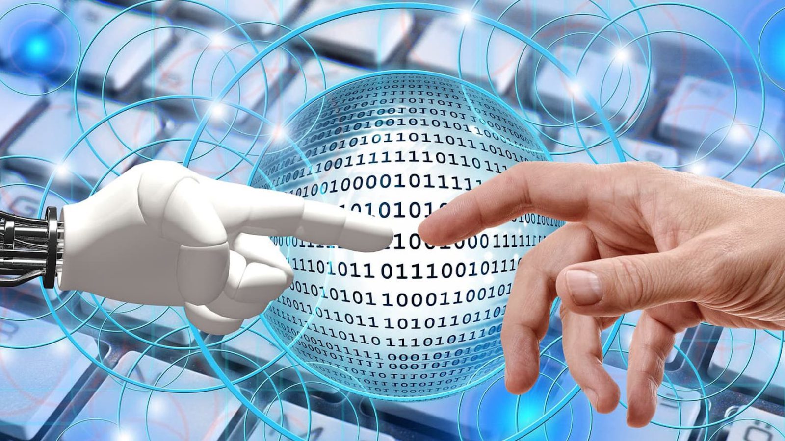 Illustrative robotic and human hands reaching toward each other over a digital globe