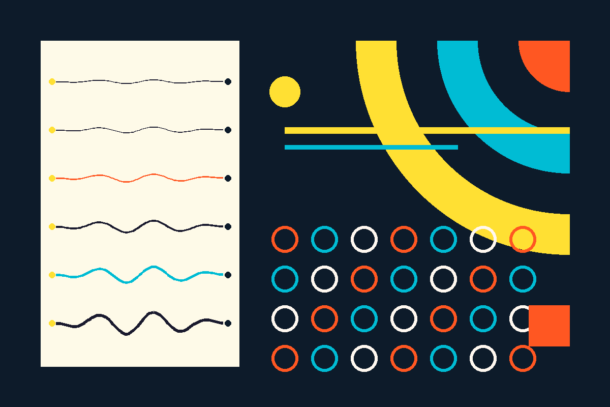 Swiss-style graphic of vibrating strings and repeated circular motifs