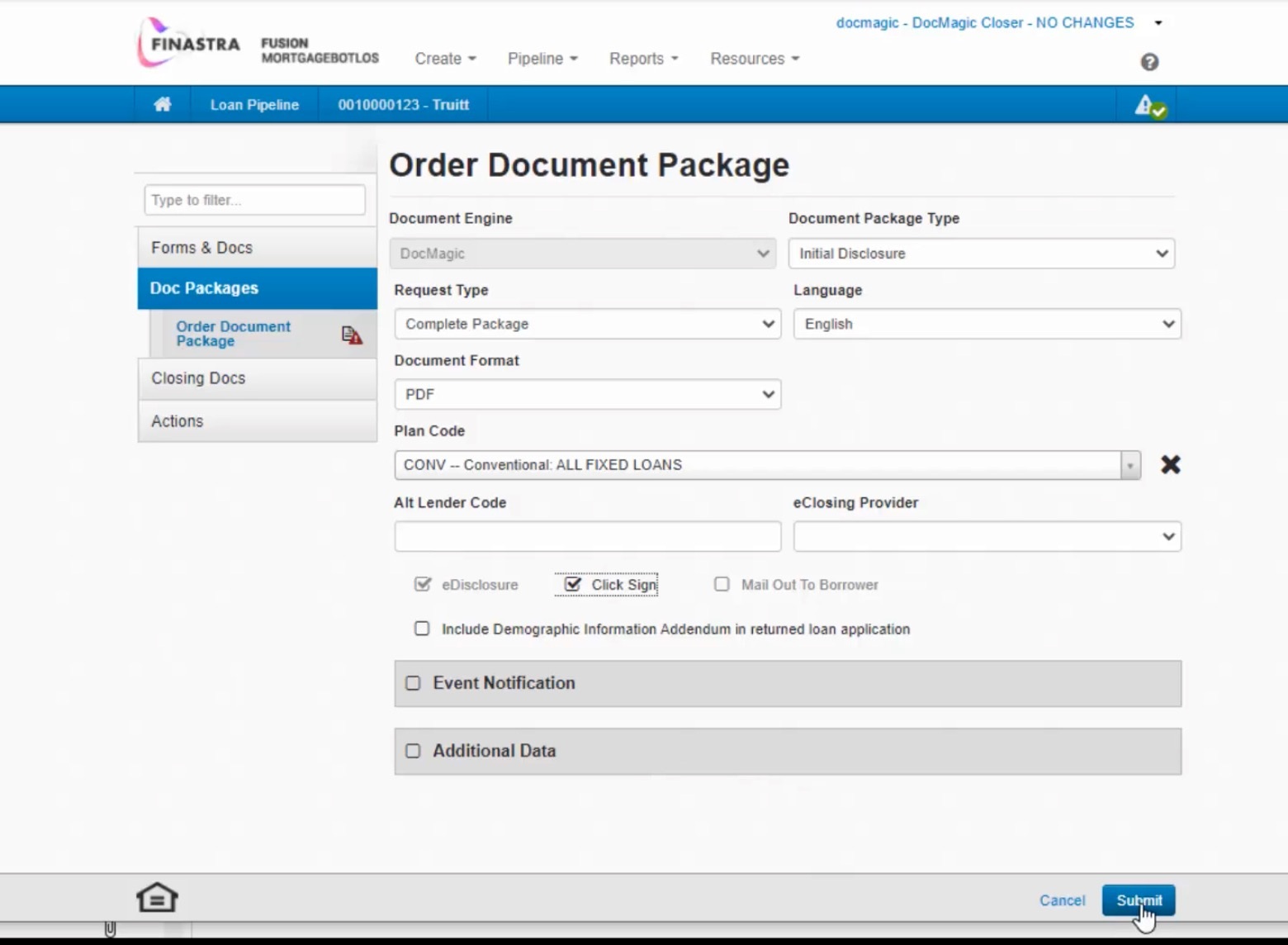 Finastra-era MortgagebotLOS screen for ordering a DocMagic document package
