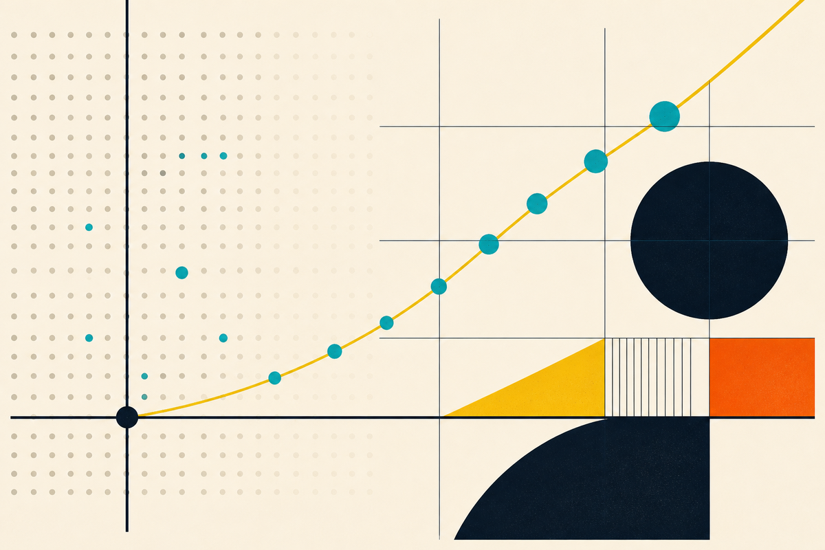 Abstract Swiss-style grid showing a small set of customer dots following a rising profit curve