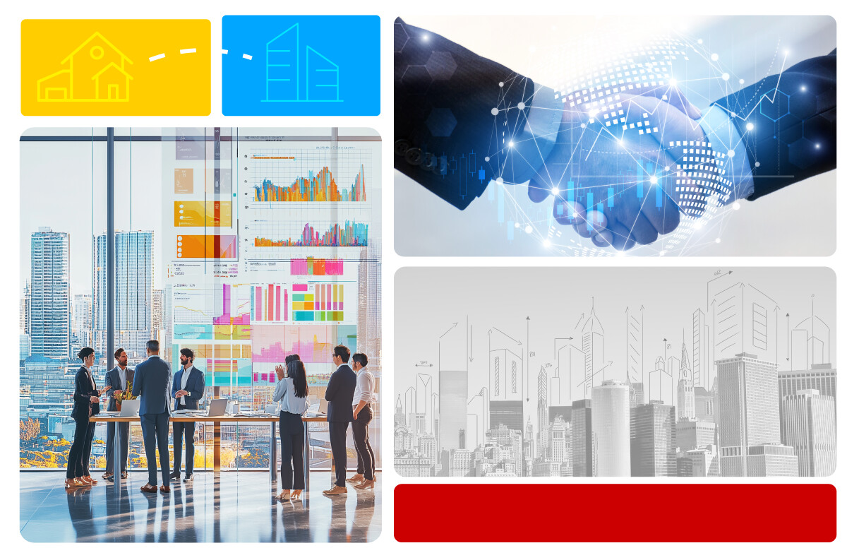 A D-Tools illustration connecting residential and commercial buildings with data, planning and collaboration