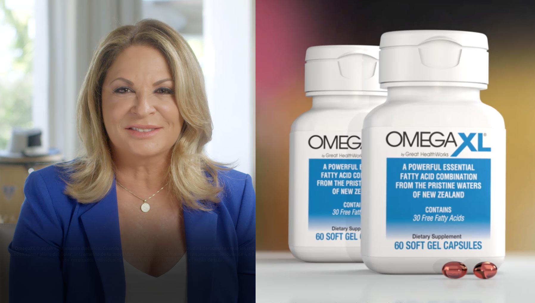 A frame from d2H's OmegaXL campaign work, showing a presenter beside two supplement bottles