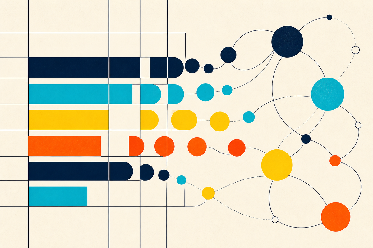 Abstract geometric illustration showing rigid rows becoming a network of connected circles