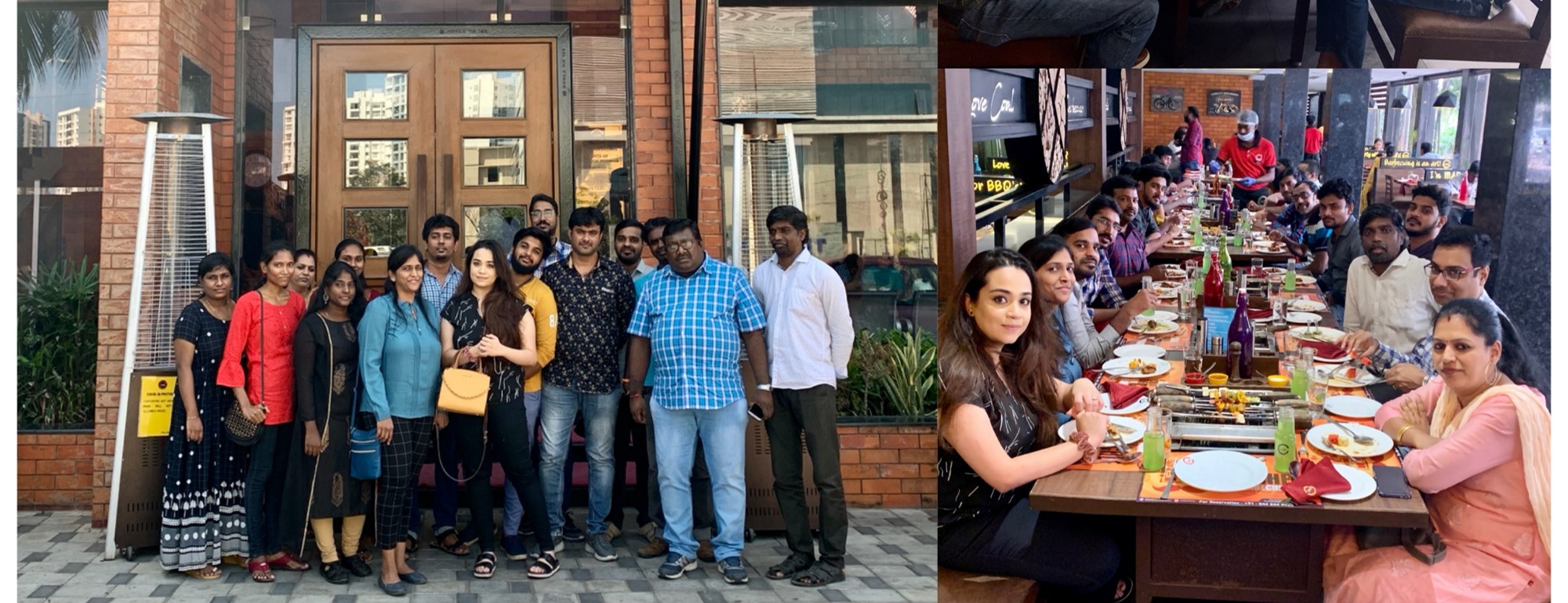 Company-published collage showing D4 Insight colleagues posing outside and sharing a restaurant meal