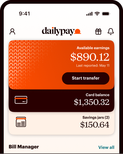 DailyPay app illustration showing sample available earnings, card funds, and savings balances.
