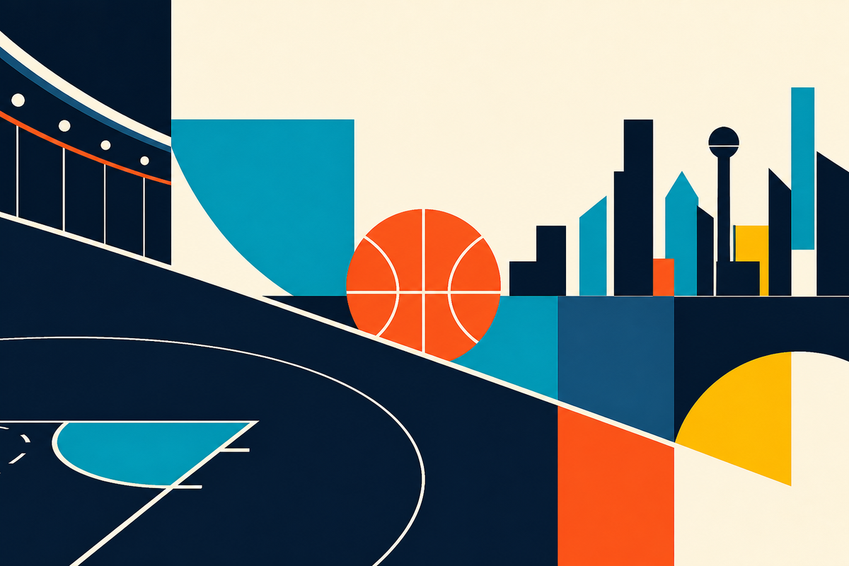 Abstract Swiss-style illustration combining basketball court lines with a city skyline