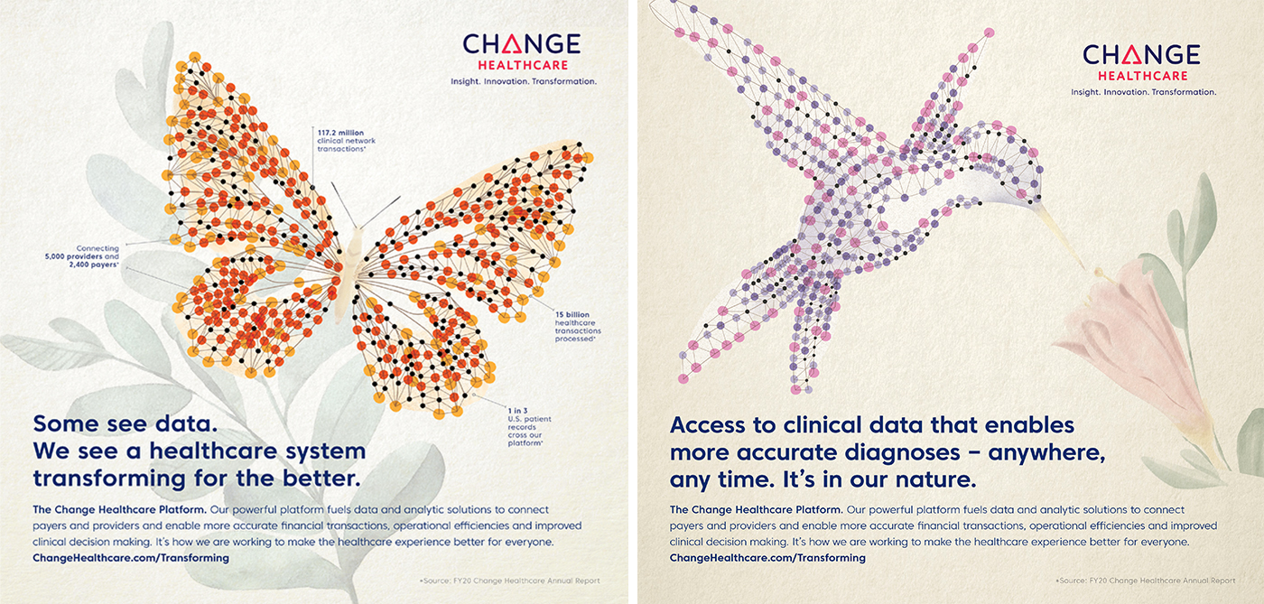 Dalton campaign creative for Change Healthcare, pairing human imagery with data-inspired graphics