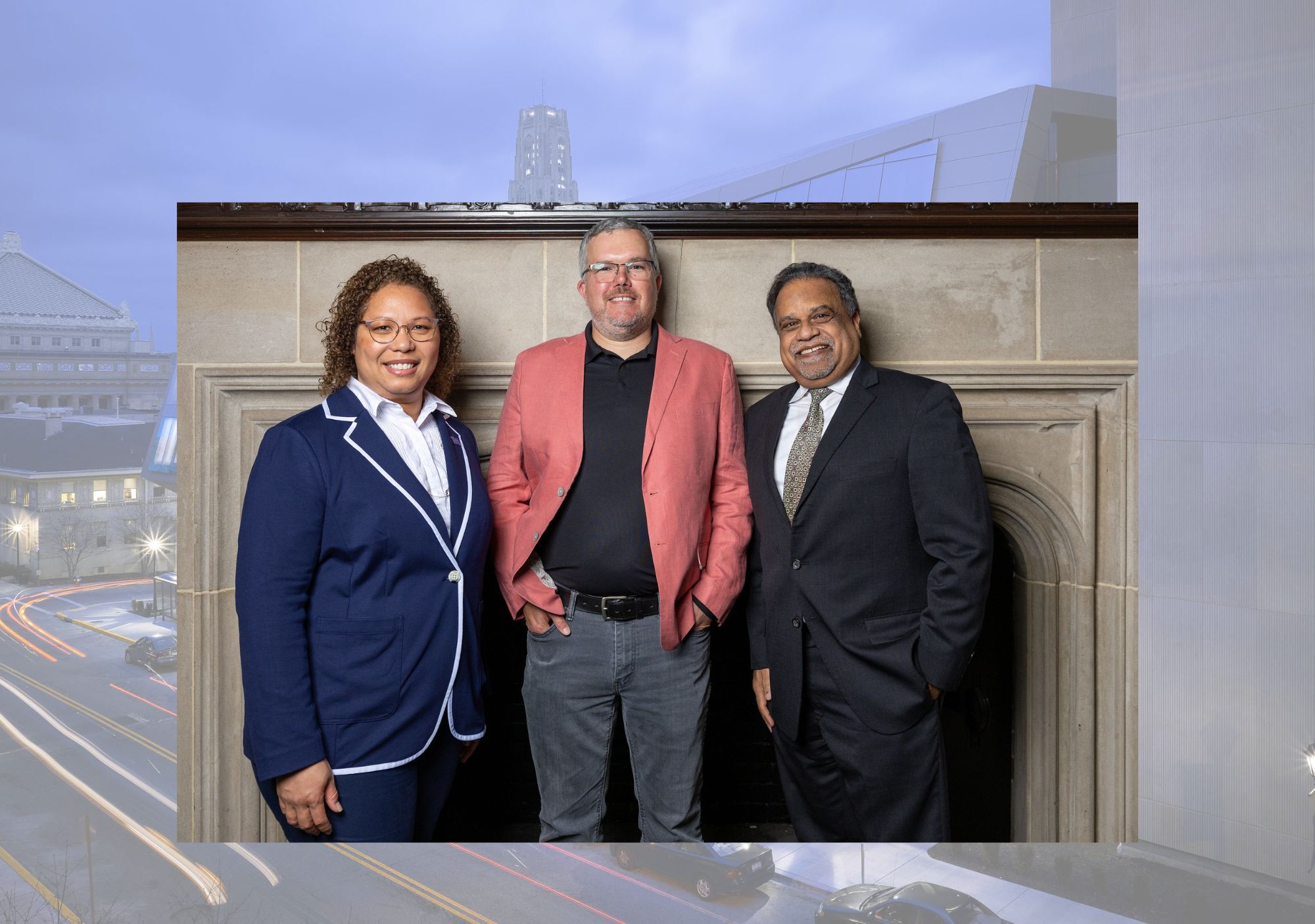 Damion Shelton, centre, with Michele Manuel and Sanjeev Shroff at the University of Pittsburgh’s Distinguished Alumni celebration.