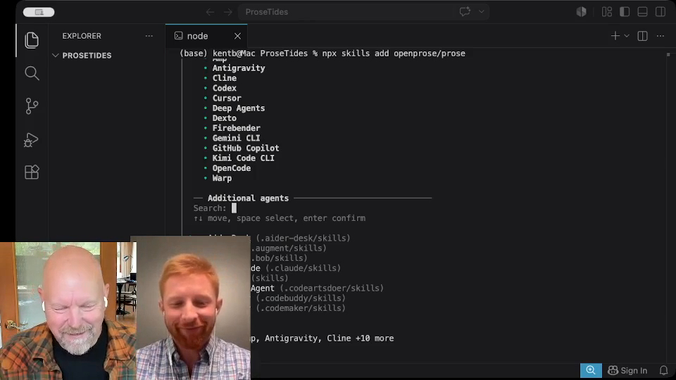 Kent Beck and Dan Barrett on a video call beside the ProseTides project running in a code editor