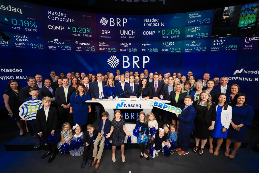 BRP colleagues and families gathered around the Nasdaq opening-bell podium in 2019