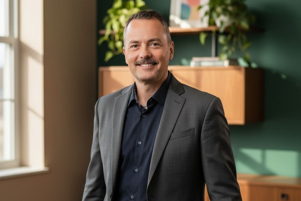 Dan Mora standing beside a window in a dark jacket, with shelves and plants behind him