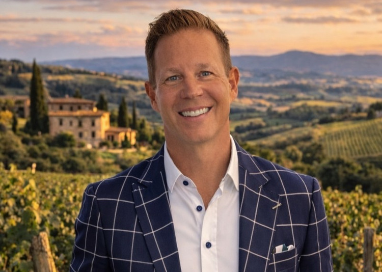 Dan Schoenbaum in a checked jacket against a landscape backdrop