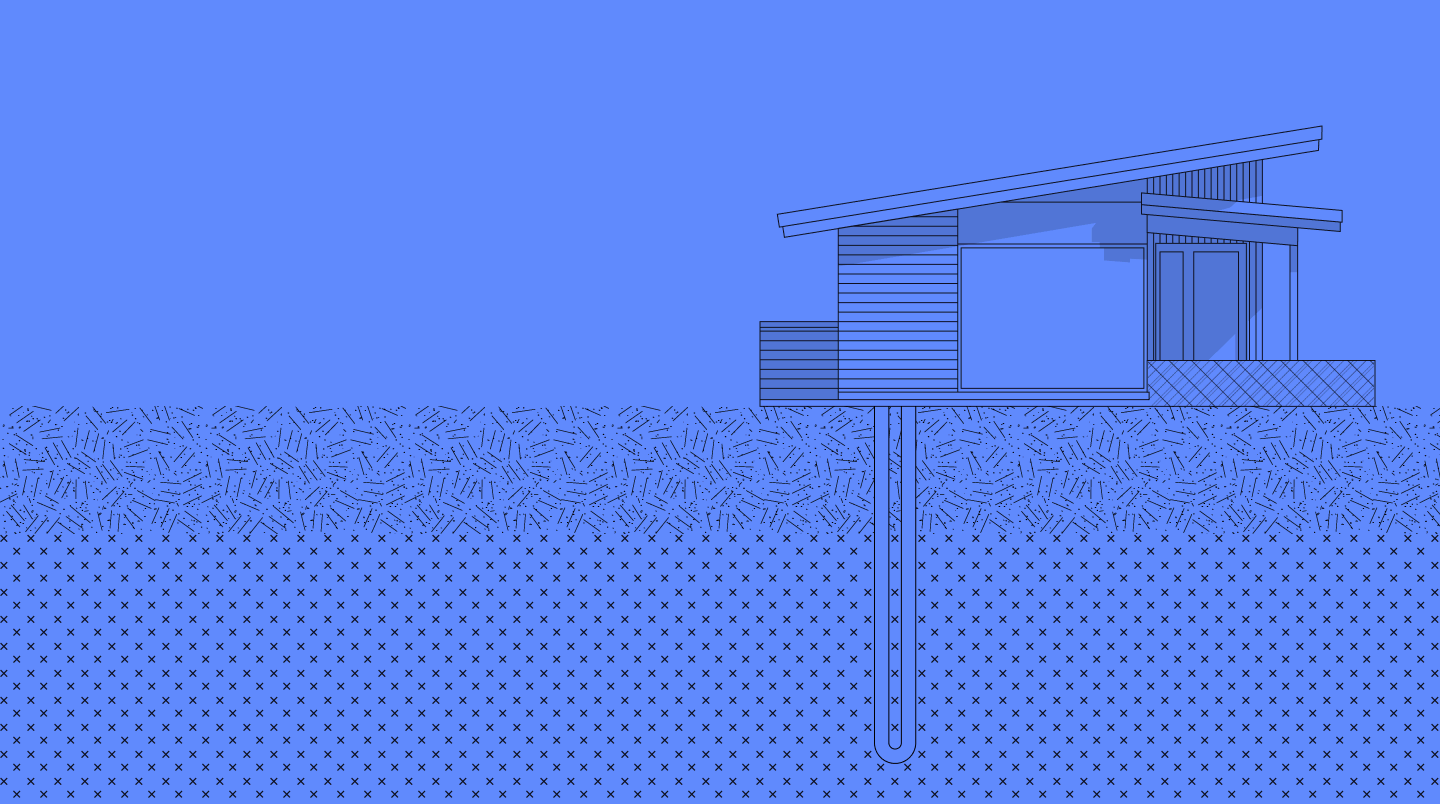 Illustration of a modern home with a Dandelion geothermal ground loop running deep underground