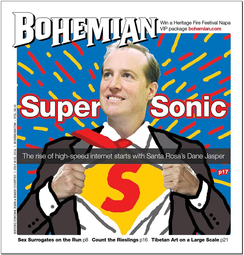 Dane Jasper depicted as a caped superhero on the July 2014 Bohemian cover
