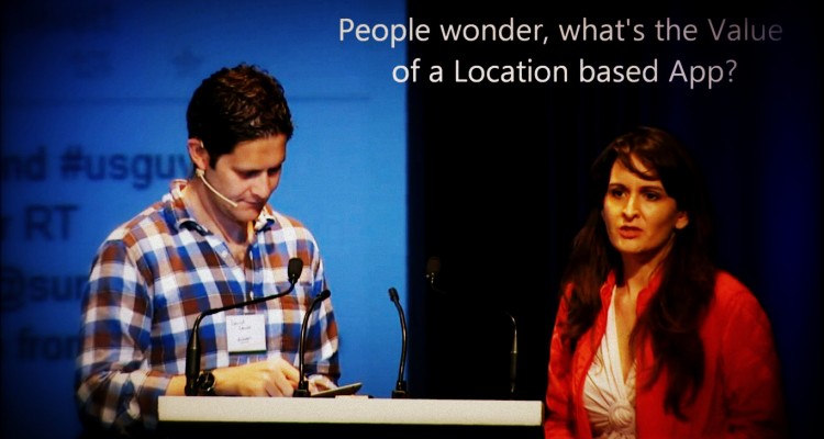 Daniel Cowen, left, speaking at the 140 Montreal conference about location-based apps