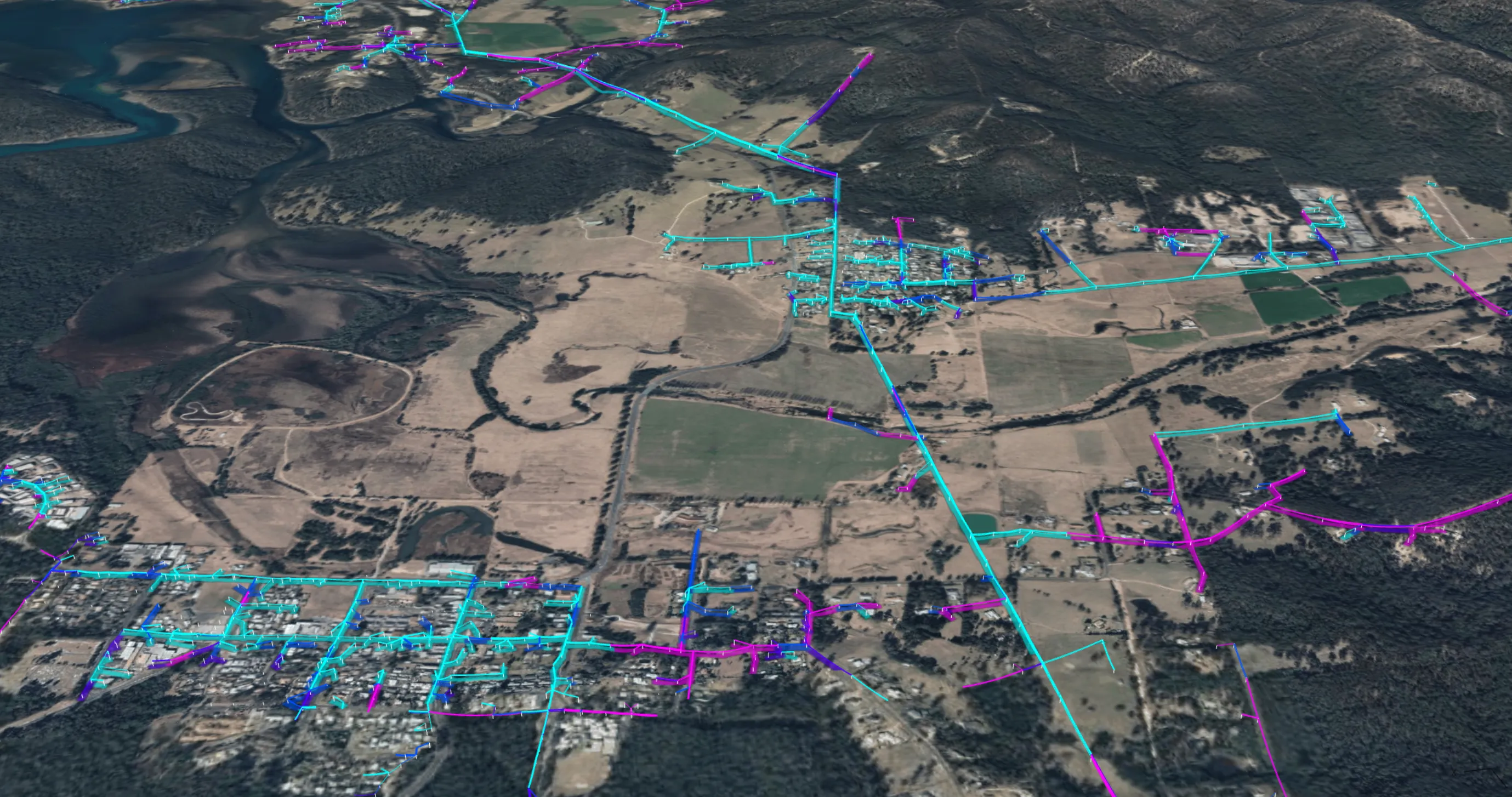 Neara's three-dimensional model of a rural electricity network and surrounding terrain