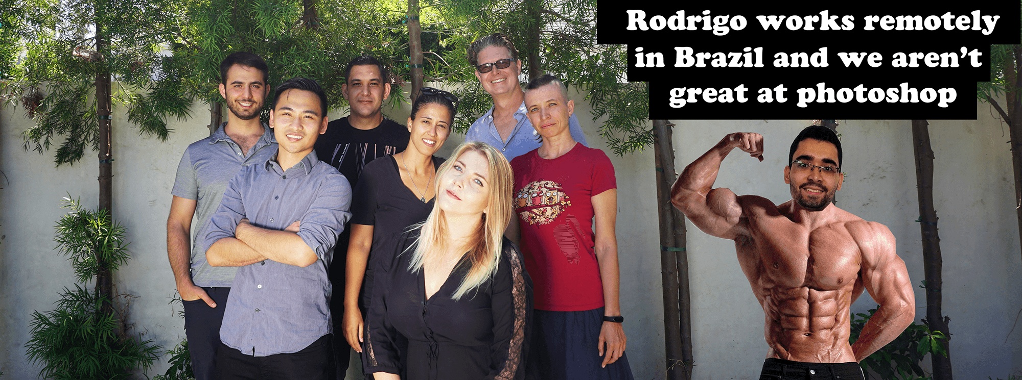 The ClassCalc team outdoors, with a deliberately comic composite for their remote colleague Rodrigo