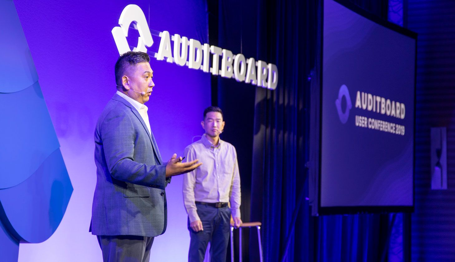 Jay Lee and Daniel Kim on stage at the 2019 AuditBoard User Conference