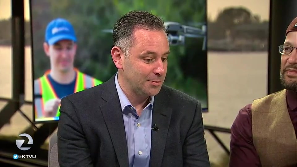 Daniel Raskin speaking during a 2020 KTVU segment about using drones and analytics to locate litter around San Francisco Bay