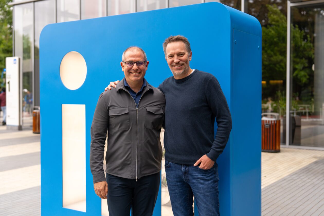 Daniel Shapero, left, and Ryan Roslansky standing outside LinkedIn headquarters