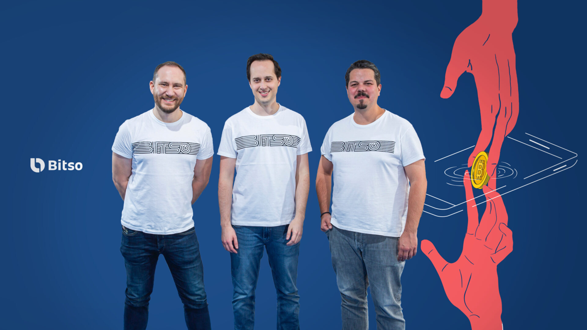 Bitso founders Ben Peters, Daniel Vogel and Pablo González wearing matching Bitso shirts