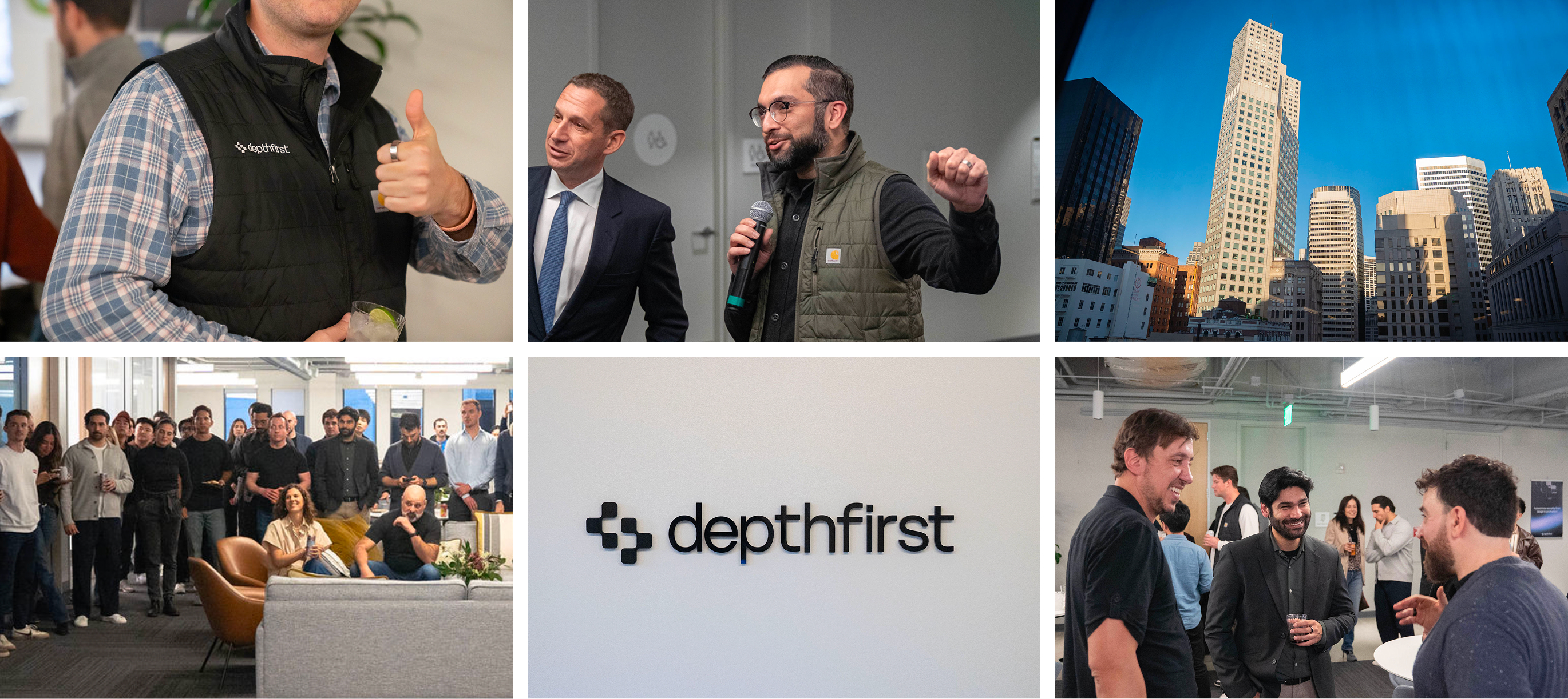 A collage of the depthfirst workplace, team gatherings and San Francisco office life
