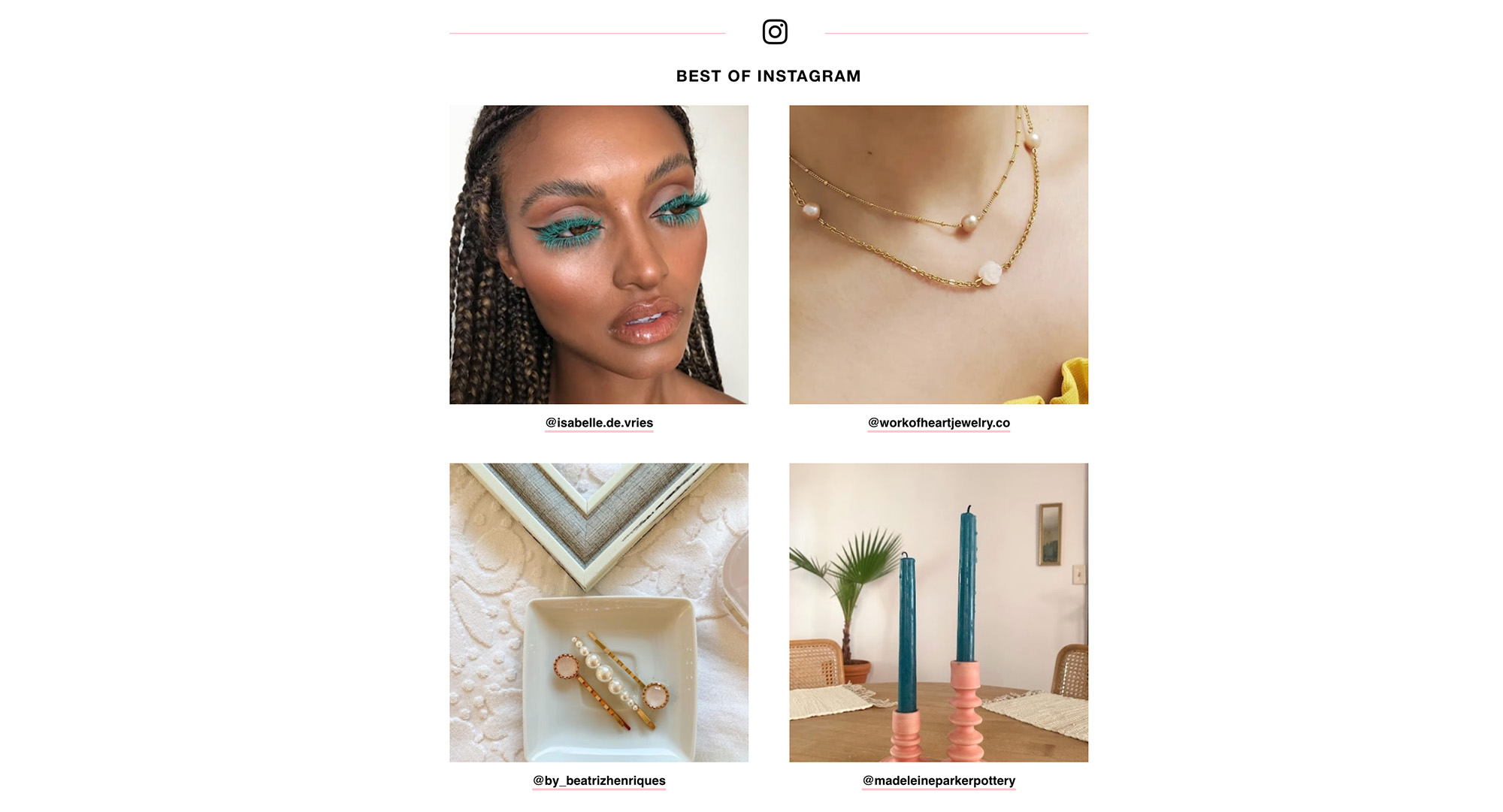 A 2021 Newsette layout combining colourful beauty, jewellery and decorative objects in a Best of Instagram section.