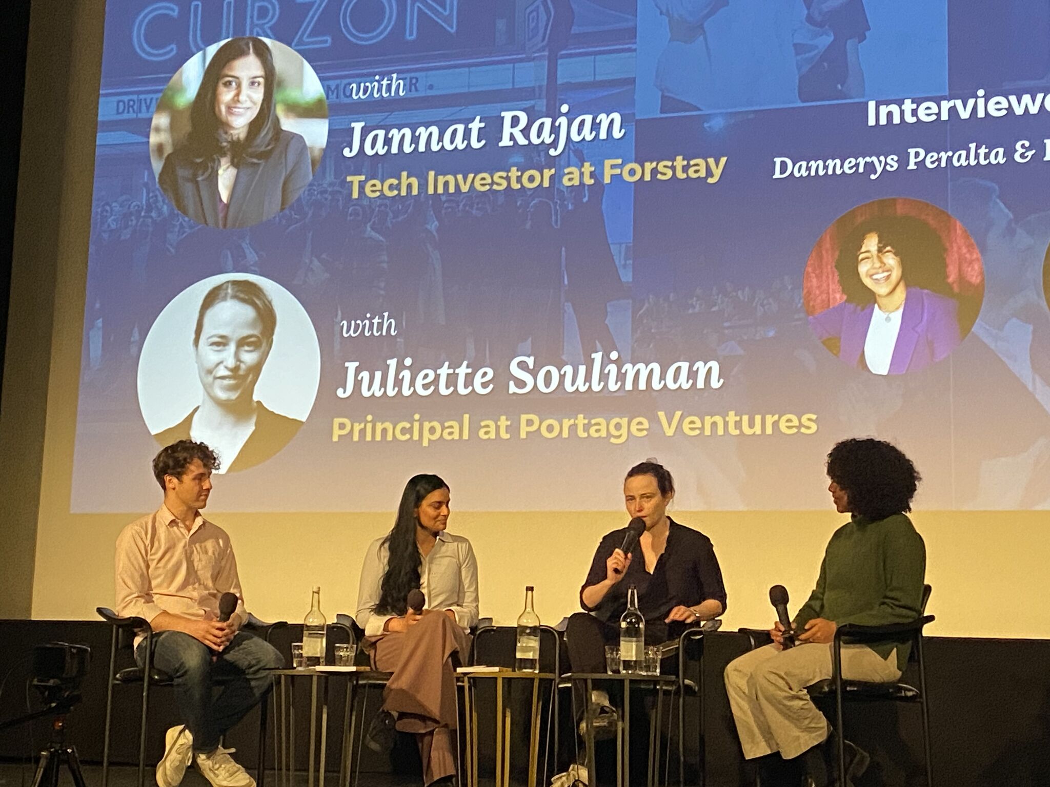 Dannerys Peralta, at right, co-moderates a London panel with Fynn Fröhlich, Jannat Rajan and Juliette Souliman.