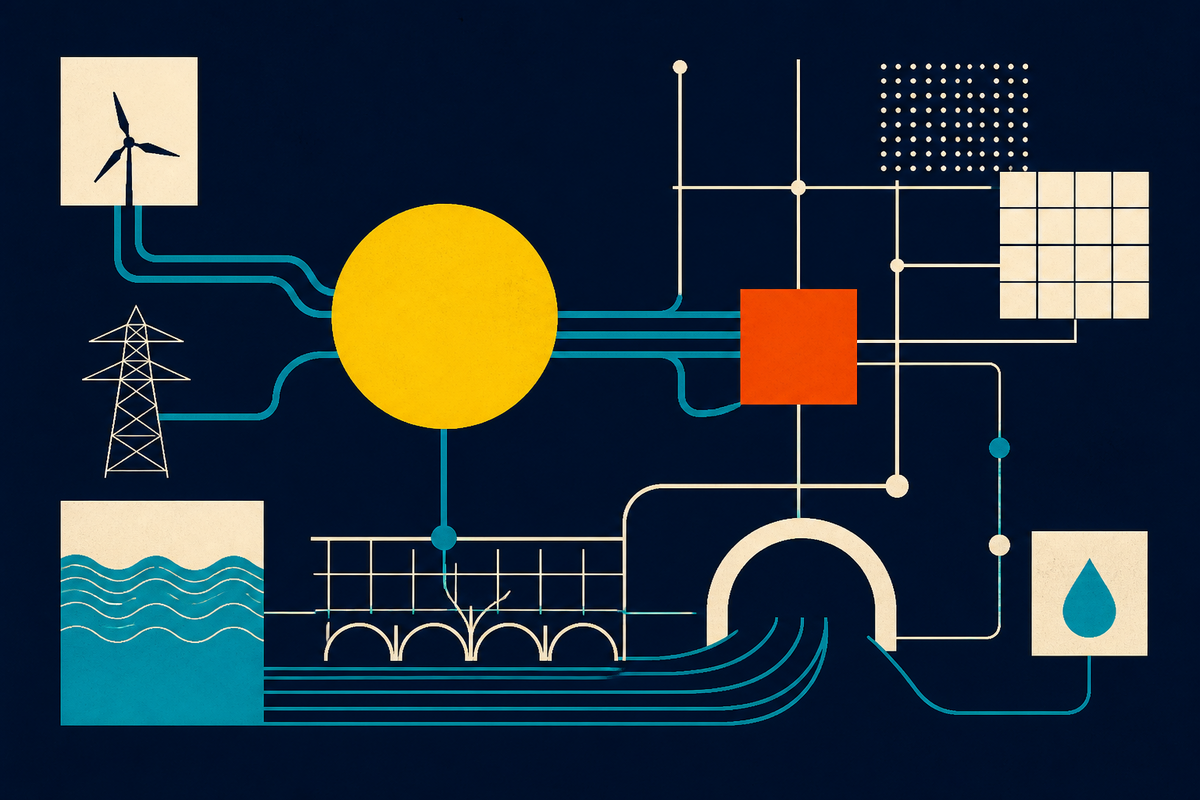 Abstract geometric network connecting energy, water, data and transport infrastructure